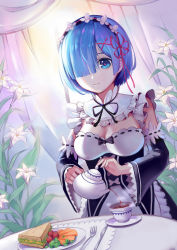 Rule 34 | 10s, 1girl, apron, black ribbon, blue eyes, blue hair, breasts, cleavage, cup, curtains, detached sleeves, food, fork, frilled sleeves, frills, hair ornament, hair over one eye, highres, indoors, knife, maid, maid headdress, matching hair/eyes, md5 mismatch, medium breasts, plant, plate, pouring, re:zero kara hajimeru isekai seikatsu, red ribbon, rem (re:zero), resolution mismatch, ribbon, ribbon-trimmed clothes, ribbon trim, sandwich, short hair, smile, solo, source larger, tea, teacup, teapot, underbust, window, x hair ornament, zhano kun