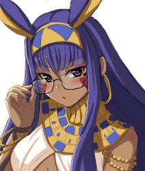 1girl animal_ears blush bracelet breasts chuppa_(katotsuba) dark-skinned_female dark_skin earrings facepaint facial_mark fate/grand_order fate_(series) glasses hairband halterneck hoop_earrings jackal_ears jewelry long_hair looking_at_viewer medium_breasts nitocris_(fate) parted_lips purple_eyes purple_hair sidelocks solo usekh_collar very_long_hair