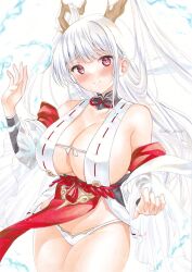 Rule 34 | 1girl, alternate breast size, azur lane, bare shoulders, breasts, center opening, detached sleeves, dragon horns, hair on horn, highres, horns, huge breasts, japanese clothes, long hair, looking at viewer, panties, pelvic curtain, red eyes, revealing clothes, ribbon-trimmed clothes, ribbon trim, see-through, see-through sleeves, shimanto (azur lane), shin kun30, solo, traditional media, underwear, very long hair, white hair, white panties