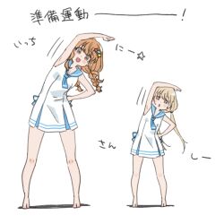 Rule 34 | 2girls, :3, :o, arm over head, arm up, barefoot, blonde hair, blue necktie, blue sailor collar, blush, braid, brown eyes, brown hair, chanosuke, dress, futaba anzu, hair ornament, hand on own hip, idolmaster, idolmaster cinderella girls, leaning to the side, legs apart, long hair, looking at viewer, low twin braids, low twintails, moroboshi kirari, multiple girls, necktie, open mouth, sailor collar, sailor dress, short dress, side-by-side, smile, standing, star (symbol), star hair ornament, stretching, translation request, twin braids, twintails, white dress