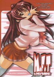 Rule 34 | 00s, 1girl, blush, breasts, brown eyes, condom, condom in mouth, condom wrapper, cover, cover page, covered erect nipples, head tilt, highres, isou doubaku, kousaka tamaki, large breasts, long hair, midriff, mouth hold, naughty face, panties, pantyshot, pleated skirt, red hair, scan, school uniform, serafuku, shiny skin, skirt, smile, solo, thighhighs, to heart (series), to heart 2, underwear, upskirt, white panties, white thighhighs, zettai ryouiki