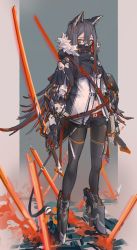 adapted_costume arknights black_hair black_leggings brown_eyes commentary_request dual_wielding full_body gas_mask grey_background highres holding jacket kazukingu leggings long_hair long_sleeves looking_at_viewer mask mechanical_arms mechanical_boots mechanical_ears mechanical_tail multicolored_hair navel red_hair shorts solo standing sword tail texas_(arknights) two-tone_background two-tone_hair very_long_hair weapon