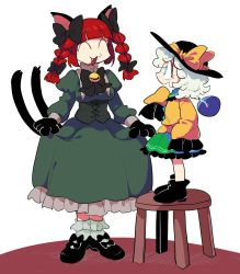 Rule 34 | 2girls, ^ ^, animal ears, animal hands, bell, black footwear, black hat, blue eyes, bow, braid, cat ears, cat paws, cat tail, closed eyes, clothes lift, corset, dress, dress lift, fang, furukawa (yomawari), green dress, green skirt, hat, hat bow, hat ribbon, height difference, highres, kaenbyou rin, komeiji koishi, long sleeves, looking at another, multiple girls, multiple tails, red hair, ribbon, shirt, shoes, skirt, standing, stool, tail, third eye, touhou, twin braids, two tails, underbust, white hair, wide sleeves, yellow bow, yellow ribbon, yellow shirt