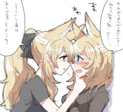 Rule 34 | 2girls, animal ear fluff, animal ears, arknights, aunt and niece, black bow, black shirt, blemishine (arknights), blonde hair, blouse, blue eyes, blush, bow, brown eyes, commentary, dog-san, eye contact, fang, flying sweatdrops, from side, hair between eyes, hair bow, horse ears, incest, long hair, long sleeves, looking at another, multiple girls, nose blush, open mouth, ponytail, profile, shirt, short sleeves, simple background, smile, symbol-only commentary, thick eyebrows, translated, upper body, whislash (arknights), white background, yuri