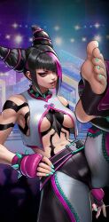 Rule 34 | barefoot, belt, bracelet, gauntlets, hair over one eye, han juri, highres, impossible hair, jewelry, lights, nail polish, spider tattoo, spiked anklet, spiked bracelet, spikes, street fighter, taekwondo, tattoo, yin yang