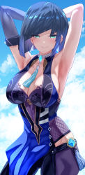 Rule 34 | 1girl, armpits, arms behind head, blue hair, blue sky, breasts, cleavage, closed mouth, cloud, day, diagonal bangs, dice, genshin impact, highres, large breasts, looking at viewer, mole, mole on breast, neck tassel, short hair, sky, smile, solo, twitter username, uenoryoma, yelan (genshin impact)