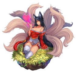 Rule 34 | 1girl, absurdres, ahri (league of legends), animal ears, arm support, bare shoulders, black hair, breasts, cleavage, collarbone, detached sleeves, facial mark, fox ears, fox tail, heart, highres, korean clothes, large breasts, league of legends, long hair, multiple tails, orange eyes, qbspdl, simple background, sitting, slit pupils, solo, tail, tassel, thighhighs, very long hair, white background, white thighhighs, wide sleeves