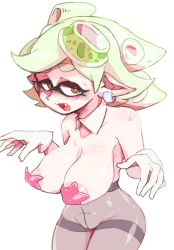 Rule 34 | + +, 1girl, alternate breast size, armpits, bare shoulders, blush, breasts, collar, collarbone, cowboy shot, detached collar, earrings, fang, gloves, green hair, hair ornament, highres, huge breasts, inarou (rakugakiproject), inkling, jewelry, large areolae, marie (splatoon), nintendo, no panties, open mouth, pantyhose, pasties, pointy ears, simple background, skindentation, solo, splatoon (series), splatoon 1, star pasties, sweat, tentacle hair