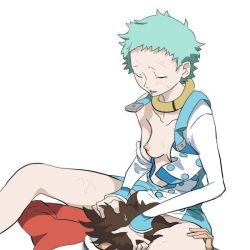 Rule 34 | 00s, 1boy, 1girl, blush, breasts, closed eyes, clothed sex, convenient censoring, cunnilingus, eureka (eureka seven), eureka seven, eureka seven (series), femdom, green hair, hand on another&#039;s head, hetero, jpeg artifacts, open clothes, open shirt, oral, panties, panties around leg, renton thurston, shirt, short hair, small breasts, sweat, underwear, white background