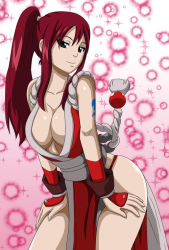 Rule 34 | 1girl, breasts, cleavage, cosplay, erza scarlet, fairy tail, female focus, gradient background, large breasts, long hair, shiranui mai, shiranui mai (cosplay), solo, tattoo, the king of fighters