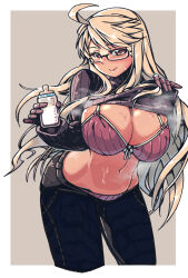 Rule 34 | 1girl, :&gt;, ahoge, alma armas, black-framed eyewear, black pants, blonde hair, blush, bottle, bow, bow bra, bra, breast milk, breasts, brown eyes, check commentary, cleavage, clothes lift, commentary request, cropped legs, dark-skinned female, dark skin, denim, glasses, highres, holding, holding bottle, huge breasts, jeans, leaning forward, lifting own clothes, long hair, mechanical hands, mikiji, milk bottle, navel, panties, pants, pantyshot, pinky out, prosthesis, prosthetic hand, purple sweater, ribbed sweater, semi-rimless eyewear, solo, steaming body, stomach, sweat, sweater, sweater lift, turtleneck, turtleneck sweater, under-rim eyewear, underwear, va-11 hall-a, variant set