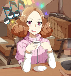 Rule 34 | 1girl, :d, brown eyes, brown hair, chair, coffee, coffee pot, cup, eighth note, elbows on table, highres, indoors, long sleeves, looking at viewer, musical note, okumura haru, olly (ollycrescent), open mouth, persona, persona 5, pink sweater, plate, ribbed sweater, short hair, smile, sparkle, sweater