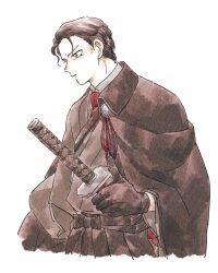 Rule 34 | 1boy, akai shuuichi, black gloves, black hair, black hakama, closed eyes, collar, gloves, hakama, highres, holding, holding sword, holding weapon, japanese clothes, looking ahead, male focus, meitantei conan, nanteiiyoru, necktie, profile, red necktie, short hair, simple background, solo, sword, weapon, white background