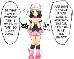 Rule 34 | 1girl, artist request, beanie, blue eyes, blue hair, blush, breasts, clothes pull, creatures (company), dawn (pokemon), female focus, flat chest, game freak, hard-translated, hat, matching hair/eyes, nintendo, nipples, pokemon, shaking, shirt pull, solo, third-party edit, translated, trembling, white background