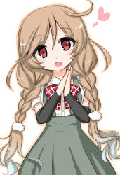 Rule 34 | 1girl, :d, arm warmers, blush, bow, braid, collared shirt, commentary, cowboy shot, dress shirt, green skirt, hair between eyes, hair ornament, hands up, head tilt, heart, kantai collection, komakoma (magicaltale), light brown hair, long hair, looking at viewer, low twintails, minegumo (kancolle), open mouth, own hands together, palms together, plaid, plaid bow, pleated skirt, red bow, red eyes, school uniform, shirt, short sleeves, simple background, skirt, smile, solo, suspender skirt, suspenders, twin braids, twintails, very long hair, white background, white shirt