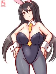 Rule 34 | 1girl, alternate costume, animal ears, artist logo, bare shoulders, between breasts, black hair, black pantyhose, blush, breasts, cleavage, cowboy shot, dated, detached collar, fake animal ears, gluteal fold, hair between eyes, kanon (kurogane knights), kantai collection, large breasts, leotard, long hair, looking at viewer, nagato (kancolle), necktie, necktie between breasts, pantyhose, playboy bunny, rabbit ears, red eyes, simple background, smile, solo, strapless, strapless leotard, white background, wrist cuffs