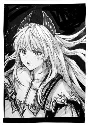 Rule 34 | 1girl, arknights, ashi (dongshi389), capelet, greyscale, highres, irene (arknights), long hair, long sleeves, looking at viewer, monochrome, open mouth, puffy long sleeves, puffy sleeves, scar, scar across eye, sidelocks, solo, upper body, very long hair