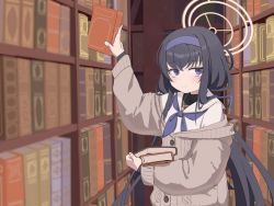Rule 34 | 1girl, bags under eyes, black hair, blue archive, blue hairband, blue neckerchief, book, bookshelf, cardigan, hairband, halo, jewelry, library, long hair, looking at viewer, neckerchief, necklace, off shoulder, purple eyes, roman akataka, sailor collar, school uniform, solo, ui (blue archive)