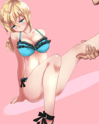 Rule 34 | 1boy, 1girl, arm support, bikini, blonde hair, blue bikini, blue eyes, blush, breasts, chris redfield, cleavage, jill valentine, large breasts, leg hold, leg up, long hair, nagare, out of character, out of frame, pink background, resident evil, resident evil 5, sitting, smile, solo focus, swimsuit