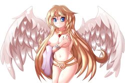 Rule 34 | 1girl, angel, angel wings, blonde hair, blue eyes, blush, bracelet, breasts, cloth, ecstasy (icyblue), eyelashes, female focus, groping, ilias, jewelry, large breasts, long hair, mon-musu quest!, navel, necklace, nipples, nude, plump, pussy, revision, simple background, smile, thick thighs, thighs, tiara, tight clothes, uncensored, very long hair, wide hips, wings