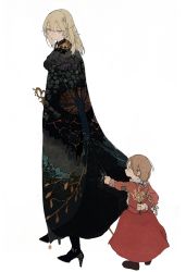 Rule 34 | 2girls, absurdres, age difference, black cape, black footwear, blonde hair, braid, braided ponytail, brown hair, cape, dress, flower, height difference, high heels, highres, holding, holding flower, long sleeves, mon (monmon2133), multiple girls, original, print cape, red dress, simple background, white background