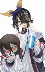 Rule 34 | 1girl, black hair, blue jacket, breasts, brown eyes, clothing cutout, cup, fate/grand order, fate (series), hair over one eye, hair ribbon, hairband, highres, jacket, long sleeves, looking at viewer, mole, mole under eye, mug, multicolored clothes, multicolored jacket, off shoulder, open clothes, open jacket, open mouth, ribbon, shirt, shitodo mi, short hair, short twintails, shoulder cutout, small breasts, smile, solo, stuffed toy, twintails, two-tone jacket, white jacket, white shirt, xu fu (event portrait) (fate), xu fu (fate), yu mei-ren (fate)