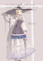 Rule 34 | 1girl, absurdres, azur lane, bare shoulders, blonde hair, blue flower, blue rose, breasts, character name, cleavage, detached sleeves, dress, dress flower, earrings, flower, grey background, hair over shoulder, hat, hat feather, hat flower, head tilt, highres, holding, holding umbrella, hood (azur lane), jewelry, light smile, long hair, looking at viewer, medium breasts, rose, see-through, shadow, sleeveless, sleeveless dress, solo, umbrella, white sleeves, yuusei (1317182583)