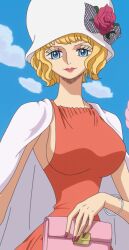 Rule 34 | bag, blonde hair, blue eyes, breasts, cape, dress, handbag, hat, highres, jewelry, large breasts, non-web source, one piece, sideboob, stussy (one piece)