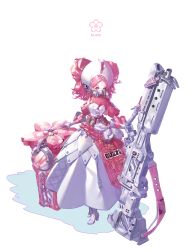 Rule 34 | 1girl, absurdres, blue eyes, bonnet, cannon, commentary, doksa, dress, english commentary, full body, gas mask, gloves, high heels, highres, holding, holding weapon, huge weapon, looking at viewer, mask, original, pink hair, puffy sleeves, solo, standing, weapon, white background, white dress