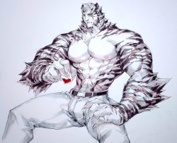 Rule 34 | 1boy, abs, animal ears, arknights, bara, belt, black belt, bulge, cup, feet out of frame, furry, furry male, gluteal fold, highres, holding, holding cup, kangnotrier, large hands, large pectorals, looking at viewer, male focus, mountain (arknights), muscular, muscular male, navel, nipples, pants, pectorals, scar, scar across eye, scar on face, topless male, short hair, sitting, solo, stomach, thick thighs, thighs, tiger boy, tiger ears, white fur, white hair, white pants