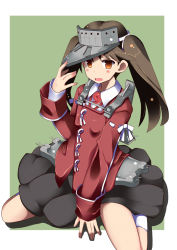 Rule 34 | 10s, 1girl, brown eyes, brown hair, kantai collection, looking at viewer, magatama, nazo no murasame chiaki, open mouth, personification, ryuujou (kancolle), simple background, sitting, skirt, solo, twintails, visor cap, wariza