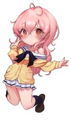 Rule 34 | 1girl, afloat, antenna hair, bare shoulders, cardigan, empty eyes, highres, kimi to kanojo to kanojo no koi., long hair, looking at viewer, mukou aoi (totono), open cardigan, open clothes, orange eyes, pink hair, solo, tongdoo, yellow cardigan
