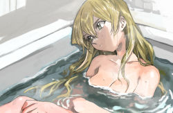 Rule 34 | 1girl, bath, breasts, cleavage, completely nude, head tilt, long hair, nude, partially submerged, solo, tenjouin asuka, very long hair, water, wet, yu-gi-oh!, yu-gi-oh! gx