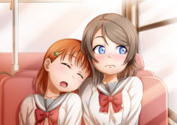 Rule 34 | 2girls, arms at sides, blue eyes, bow, breasts, bus interior, closed eyes, closed mouth, clover hair ornament, drooling, grey hair, hair ornament, head tilt, leaning on person, looking away, love live!, love live! school idol project, love live! sunshine!!, medium breasts, multiple girls, open mouth, orange hair, red bow, sailor collar, sazanami tarou, school uniform, short hair, side-by-side, sitting, sleeping, sleeping on person, swept bangs, takami chika, uranohoshi school uniform, watanabe you, wavy mouth, yuri