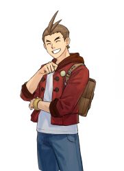 Rule 34 | 1boy, ^ ^, ace attorney, antenna hair, apollo justice, backpack, bag, blue pants, bracelet, brown hair, buttons, closed eyes, cowboy shot, closed eyes, forehead, forked eyebrows, godzillapigeon1, grin, hand up, happy, highres, hood, hood down, hooded jacket, jacket, jewelry, male focus, open clothes, open jacket, pants, phoenix wright: ace attorney - dual destinies, pin, pocket, red jacket, shirt, short hair, simple background, smile, solo, standing, teeth, v-shaped eyebrows, white background, white shirt