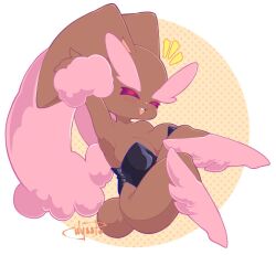 Rule 34 | 1girl, ^ ^, animal nose, arm up, armpits, artist name, bare shoulders, black leotard, blush, body fur, border, breasts, brown fur, buck teeth, cleavage, closed eyes, clothed pokemon, creatures (company), female focus, furry, furry female, game freak, gen 4 pokemon, happy, knee up, knees together feet apart, large breasts, leg up, leotard, long ears, lopunny, nintendo, notice lines, open mouth, outside border, pink background, pink fur, playboy bunny, pokemon, pokemon (creature), rabbit ears, rabbit girl, rabbit tail, round image, signature, smile, solo, strapless, strapless leotard, teeth, two-tone fur, weepinbelly, white border