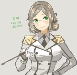Rule 34 | 1girl, brown hair, buttons, character name, collared shirt, dated, double-breasted, epaulettes, folded ponytail, glasses, green eyes, grey background, kantai collection, kasumi (skchkko), katori (kancolle), long hair, military, military uniform, necktie, parted bangs, pointer, riding crop, shirt, simple background, solo, twitter username, uniform, upper body