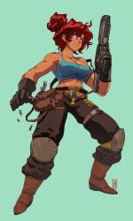 Rule 34 | 1990s (style), 1girl, baggy pants, belt, belt pouch, biceps, black gloves, breasts, bullet, cleavage, commentary, crop top, dark-skinned female, dark skin, david liu, english commentary, full body, gloves, green background, gun, hair bun, highres, knee pads, large breasts, long hair, machine pistol, maria (space maria), midriff, narrow waist, pants, pants tucked in, pouch, red eyes, red hair, retro artstyle, short hair, single hair bun, smile, solo, space maria, strap, tank top, taut clothes, toned, trigger discipline, updo, weapon