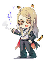 Rule 34 | 1boy, black coat, black footwear, black nails, black pants, brown hair, chibi, chibi only, cigarette, coat, fang, fate/grand order, fate (series), full body, grey eyes, grey shirt, holding, holding cigarette, honey-cat, looking at viewer, male focus, midriff, no nose, open mouth, pants, shirt, simple background, skin fang, smoke, smoking, solo, tezcatlipoca (fate), tinted eyewear, translation request, white background