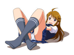 Rule 34 | 1girl, ahoge, black sweater, blue skirt, blush, commentary request, crossed ankles, crotch seam, double horizontal stripe, dress shirt, embarrassed, frown, grey socks, idolmaster, idolmaster million live!, lielos, long hair, looking at viewer, lying, miniskirt, no shoes, on back, panties, pantyshot, partial commentary, pleated skirt, school uniform, shadow, shirt, short sleeves, simple background, skirt, skirt tug, socks, solo, summer uniform series (idolmaster), sweater, sweater vest, tokoro megumi, underwear, white background, white panties, white shirt