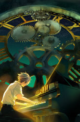 Rule 34 | 10s, 1boy, clock, evangelion: 3.0 you can (not) redo, from behind, gears, grand piano, highres, instrument, male focus, nagisa kaworu, neon genesis evangelion, perspective, piano, piano bench, rebuild of evangelion, short hair, sitting, sky, solo, star (sky), starry sky, watermark, web address, white hair, yuumei