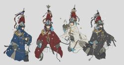 Rule 34 | 4boys, absurdres, aiguillette, armor, black armor, blue armor, brigandine armor, chinese armor, chinese commentary, hand up, highres, horseback riding, long sleeves, multiple boys, original, pointy hat, red armor, red tassel, riding, saddle, sleeves past wrists, smile, tassel, white armor, xibo