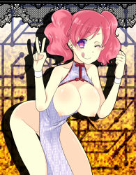 Rule 34 | 1girl, ;q, bad id, bad pixiv id, bare shoulders, bent over, breasts, breasts out, china dress, chinese clothes, cleavage, cleavage cutout, clothing cutout, dress, heart, heart-shaped pupils, large breasts, nipples, no panties, one eye closed, original, pink hair, purple eyes, short twintails, solo, symbol-shaped pupils, tongue, tongue out, twintails, utani (punishment), v, wink