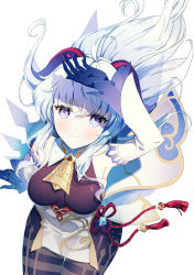Rule 34 | ahoge, armpits, bell, black gloves, black legwear, blue hair, blush, breasts, chinese knot, detached sleeves, flower knot, from above, ganyu (genshin impact), genshin impact, gloves, gold trim, hand up, highres, horns, long hair, looking at viewer, low ponytail, medium breasts, neck bell, purple eyes, red rope, rope, rumi (rarumi11), sidelocks, sitting, smile, solo, tassel, thighlet, vision (genshin impact), waist cape, white background, white sleeves