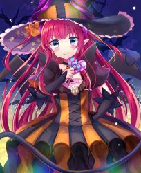 Rule 34 | 1girl, bad id, bad pixiv id, bat wings, candy, choker, commentary request, detached sleeves, dress, elizabeth bathory (fate), elizabeth bathory (fate/extra ccc), elizabeth bathory (halloween caster) (fate), fate/grand order, fate (series), food, grey eyes, hat, highres, holding, horns, lollipop, long hair, looking at viewer, minami saki, pointy ears, red hair, smile, solo, striped clothes, striped dress, tail, vertical-striped clothes, vertical-striped dress, wings, witch hat
