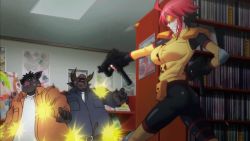 Rule 34 | 10s, 1girl, 2boys, animated, animated gif, ass, breasts, firing, gun, large breasts, monster girl, monster musume no iru nichijou, multiple boys, red hair, short hair, smile, weapon, zombina (monster musume)