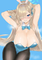 Rule 34 | 1girl, animal ears, armpits, arms behind head, asuna (blue archive), asuna (bunny) (blue archive), blue archive, blue background, blue eyes, blue leotard, breasts, colored eyelashes, cowboy shot, detached collar, fake animal ears, grin, hair over one eye, hair ribbon, highres, large breasts, leotard, light brown hair, long bangs, looking at viewer, mole, mole on breast, pantyhose, playboy bunny, rabbit ears, ribbon, shiny skin, simple background, smile, standing, steaming body, thighband pantyhose, wennananyan