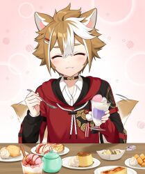 Rule 34 | 1boy, alternate costume, animal ears, brown hair, cake, closed eyes, closed mouth, dog boy, dog ears, food, genshin impact, glass, gorou (genshin impact), gorou (sushiro) (genshin impact), hair between eyes, hair ornament, hairclip, highres, ice cream, iroiro 0w0, long sleeves, looking at viewer, male focus, multicolored hair, pudding, red hood, smile, streaked hair, tail, white hair