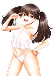 Rule 34 | 1girl, breasts, brown eyes, brown hair, camisole, highres, kantai collection, long hair, navel, open mouth, panties, round teeth, ryuujou (kancolle), ryuujou kai ni (kancolle), small breasts, solo, teeth, twintails, underwear, underwear only, upper teeth only, ura tomomi, white camisole, white panties