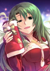 Rule 34 | 1girl, boots, breasts, cecilia (fire emblem), cecilia (winter) (fire emblem), christmas, christmas stocking, coat, fingerless gloves, fire emblem, fire emblem: the binding blade, fire emblem heroes, gloves, green eyes, green hair, highres, holding, jewelry, large breasts, long hair, looking at viewer, nakabayashi zun, necklace, nintendo, solo